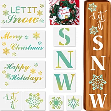 10 Pieces Let It Snow Stencils Christmas Stencils Porch Sign Stencil for Painting on Wood, Reusable Stencils for Winter Home Decor Craft Art