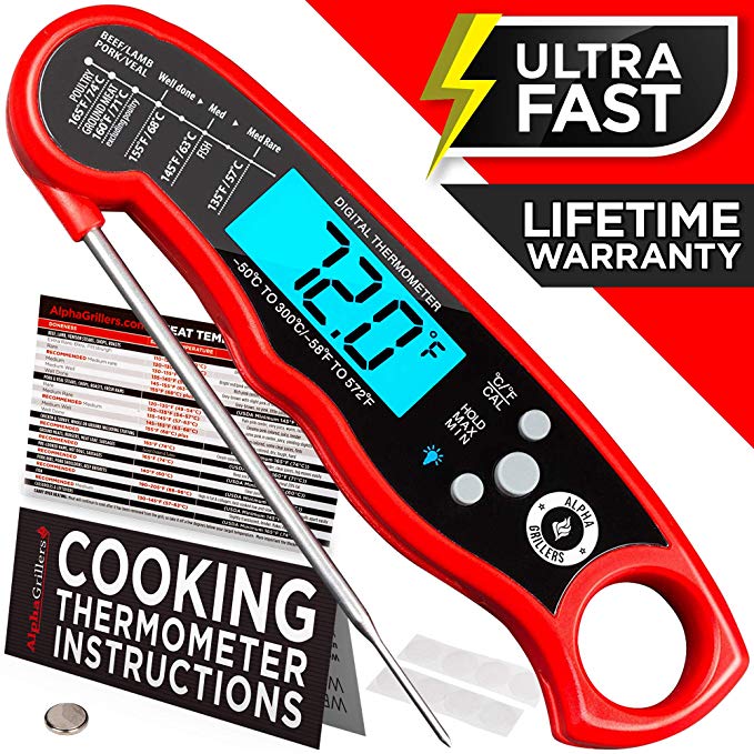 Alpha Grillers Instant Read Thermometer with Meat Temperature Chart, Velcro Attachments and Battery