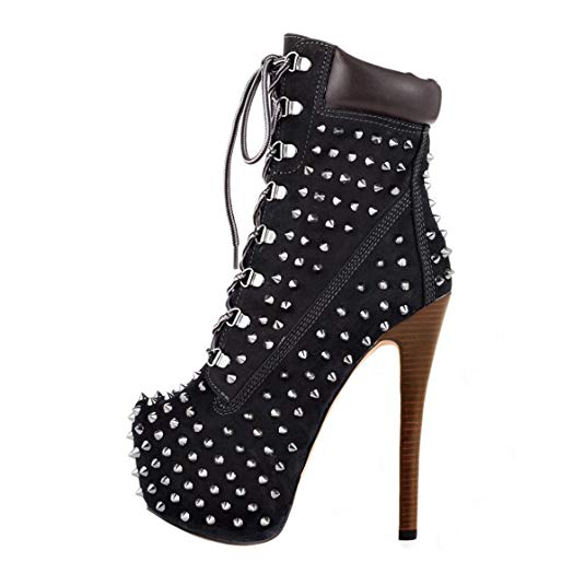 onlymaker Women's Rivet Studded Platform High Heel Pointed Toe Lace up Ankle Boots