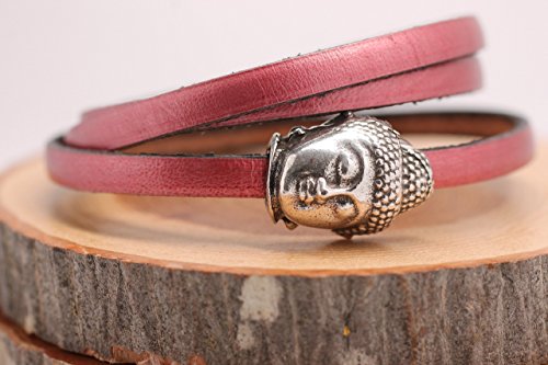 Buddha Bracelet Leather Wrap Bracelet Leather Bangle Rose Metallic Jewelry Leather and Silver Gift For Her
