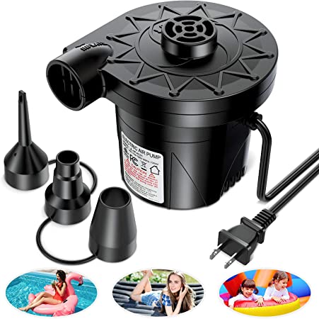 AirExpect Air Pump for Inflatables Mattress, 5000Pa/135W Electric Air Pump with 3 Nozzles for Air Mattress, Airbed, Inflatable Pool Float, Toy, and Raft for Summer Home & Yard, AC 110V-120V, Black