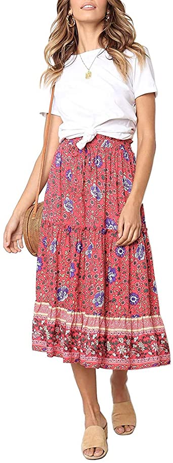 MEROKEETY Women's Boho Floral Print Elastic High Waist Pleated A Line Midi Skirt with Pockets