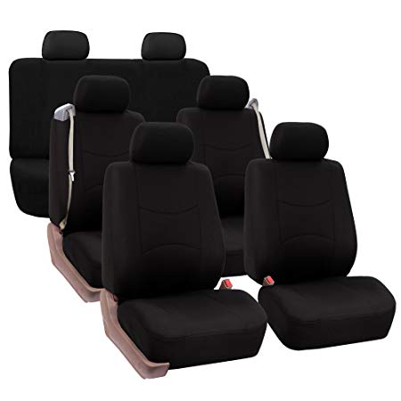FH GROUP FH-FB351217 Three Row Full Set - All Purpose Flat Cloth Built-in Seat Belt Car Seat Cover, Solid Black - Fit Most Truck, SUV, or Van