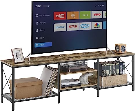 VECELO Industrial TV Stand for 75 Inch Television Cabinet 3-Tier Console with Open Storage Shelves, Entertainment Center Metal Frame for Living Room, Bedroom, 70 Inch, Brown