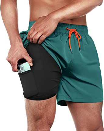 BRISIRA Swim Trunks Men Swim Shorts Quick Dry 5 inch Inseam Beach Shorts with Compression Liner and Zipper Pocket