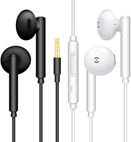【2 Pack, Black White】 MAS CARNEY Noise Isolating in Ear Earphones Headphones with Pure Sound and Powerful Bass Compatible with Samsung Huawei Honor Mi with Volume Control and Microphone