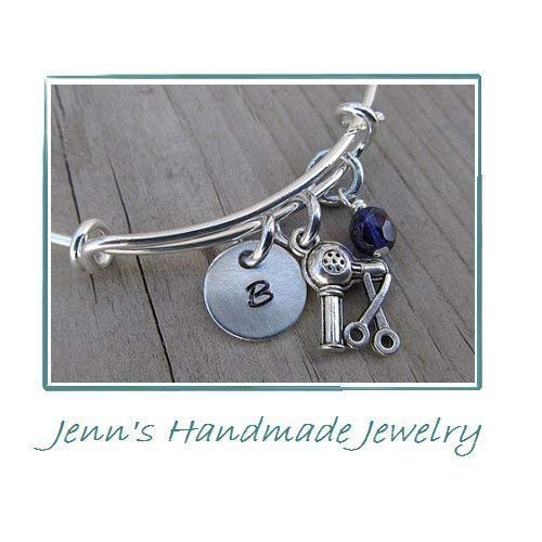 Hand-Stamped Bangle Bracelet Hairdresser Charm with your choice of initial and bead