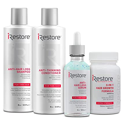 SaIe: iRestore Max Growth Bundle includes the 3-in-1 Hair Growth Supplement, Anti-Hair Loss Serum, Anti-Hair Loss Shampoo and Anti-Thinning Conditioner to combat hair loss