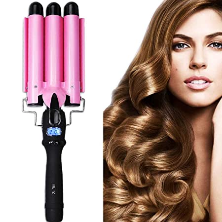 Hair Curling Iron 1 Inch 3 Barrel Curling Iron Wand Two Heat Settings Ceramic Curling Wand with LCD Temp Display (Pink)