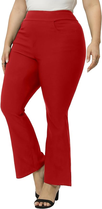 Gboomo Womens Plus Size Dress Pants Pull-on Office Work Pants Stretchy Bell Bottoms with Pockets