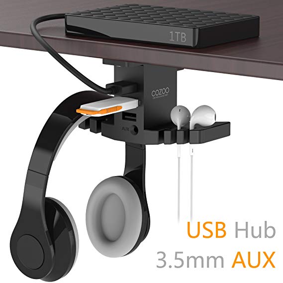 Headphone Stand with USB Hub COZOO Under Desk Headset Hanger Mount Dual Hook Holder with 3 USB Ports(usb3.0 usb2.0) and 3.5mm Jack AUX Port(Audio/Mic) External Sound Card for Gamer, DJ Earphone