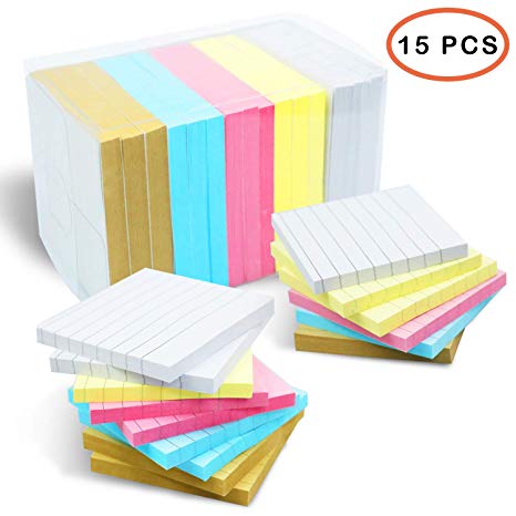 Woffice 3x3 Inch Lined Sticky Notes, 5 Bright Color, 15 Pads 1050 Sheets Total, Strong Sticking Self-Stick Pads for Office, School, and Home
