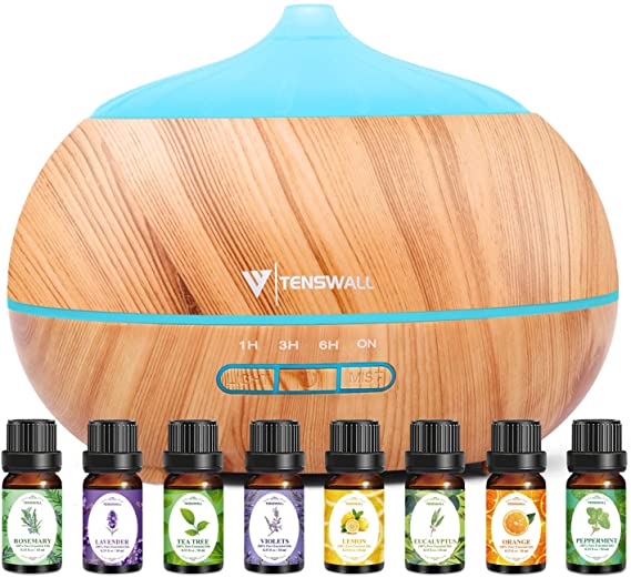 TENSWALL 500ml Aroma Oil Diffuser with 8Pcs*10ml Essential Oil Gift Set & Large Capacity Essential Oil Diffusers with 4 Timer Setting,Cool Mist Humidifiers with Auto Shut-Off - Yellow