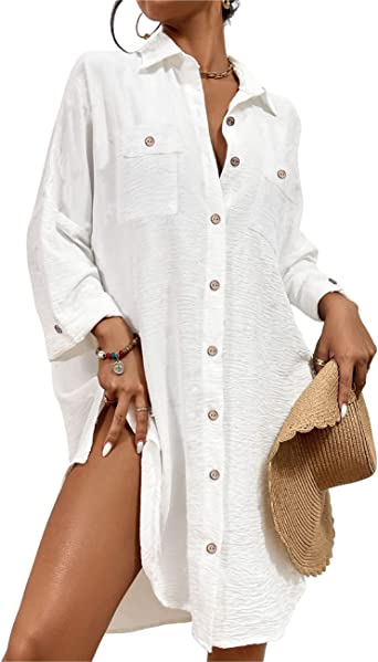 Bsubseach Women Swimsuit Coverup Button Down Shirt Dresses Swiss Dot Tops