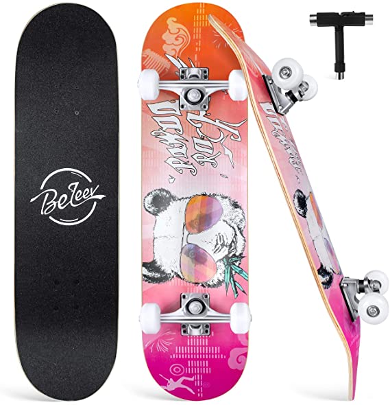 BELEEV Skateboards for Beginners, 31"x8" Complete Skateboard for Kids Teens & Adults, 7 Layer Canadian Maple Double Kick Deck Concave Cruiser Trick Skateboard with All-in-One Skate T-Tool