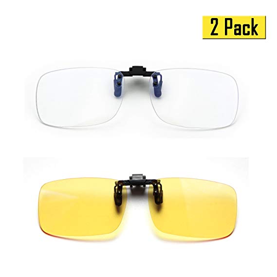 Cyxus (2 Pack) Blue Light Filter Clip-on Computer Reading Glasses, UV Blocking Anti Eye Strain Unisex Eyewear 1 Transparent Lens and 1 Yellow Lens Set