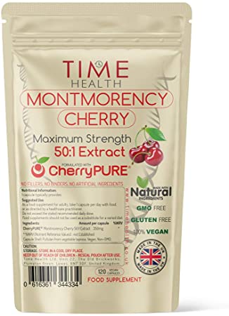 Montmorency Cherry Capsules - Maximum Strength 50:1 Extract - 17500mg Cherry Equivalent per Capsule - Made with CherryPURE® Tart/Sour Cherries - Vegan (120 Capsule Pouch)