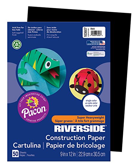 Pacon Riverside Construction Paper, 9-Inches by 12-Inches, 50-Count, Black (103607)