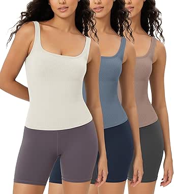 ODODOS 3-Pack Seamless Square Neck Crop Tank for Women Ribbed Knit Soft Low Back Cropped Tops