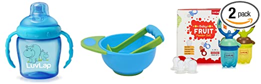 LuvLap Baby Food and Fruit Feeder Twin Pack, Brown and Blue & LuvLap Hippo Sipper Blue & LuvLap Baby Food Grinding Cum Feeding Bowl & Serving Bowl for Baby weaning Food Preparation (Green & Blue)