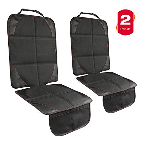 Car Seat Protector- 2 Pack Car Seat Protector for Child Car Seat, Non-Slip Fabric Seat Protector Under Car Seat, Car Seat Cover with Soft& Thickened Pad, 2 Storage Mesh Pockets (Black)