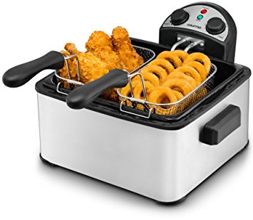 Gourmia GDF450 Compact Electric Deep Fryer 3 Baskets Dual Thermostat & Timer Stainless Steel 4.2 Quart/18 Cups of Oil 4 Lbs. Food Capacity 1700W Anti-Grease Fry Filter with Free E-Recipe Book -110V