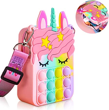 Unicorn Pop Shoulder Bag Fidget Toys,Fidget Purse Bubble for Women Girls,Pop-it Purse for Girls Stress Relief,Lovely Sensory Silicone Cartoon Bag Toy.Cone Bag for Kids Student