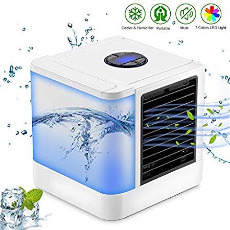 Sendowtek Personal Air Conditioner, USB Personal Space Air Cooler, Humidifier, Mini Desktop Cooling Fan Quiet with Independent Water Tank, 7 Colors LED & 3 Speeds for Home Office Room
