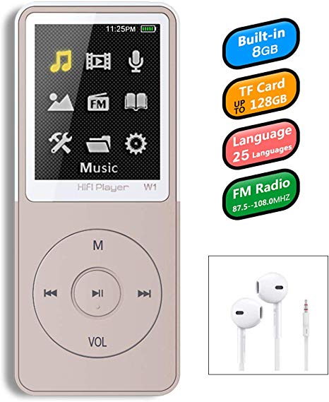 8GB Mp3 Player, GREATLINK W1 Ultra Slim Music Player with FM Radio, Voice Recorder, Video Play, Text Reading, 50 Hours Playback and Expandable Up to 128 GB (White&Grey)