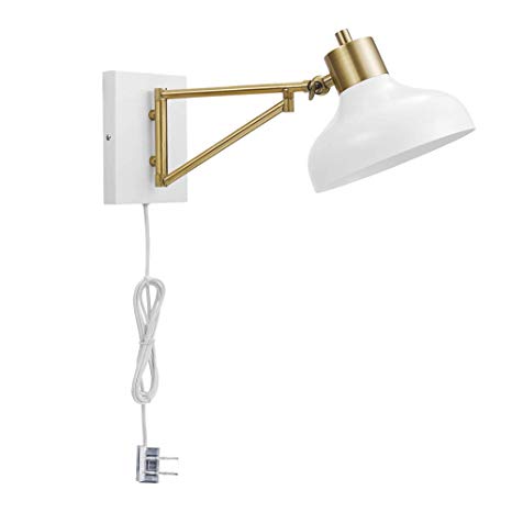 Globe Electric Berkeley 1-Light Plug-In or Hardwire Swing Arm Wall Sconce, White, Brass Accents, White Cloth Cord 51344