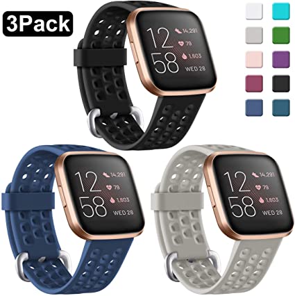 Maledan Compatible with Fitbit Versa 2/Versa 1/Versa SE & Versa Lite Bands Women Men Waterproof Silicone Sport Smart Watch Band with Breathable Holes, 3 Pack Black/Navy Blue/Gray, Small