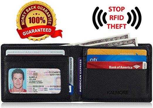 KALMORE Men’s RFID Blocking ID Window Multi-Card Travel Bifold Genuine Leather Pocket Wallet - in Gift Box