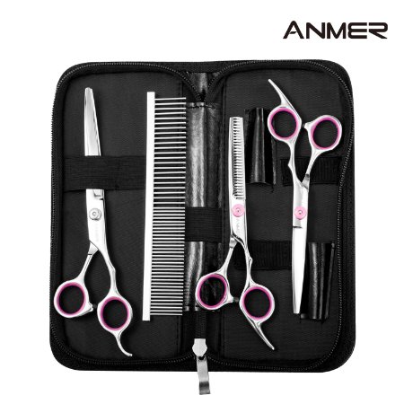ANMER Pet Grooming Scissors Kits(4 pairs- For Body, Face, Ear, Nose, Paw) for Small, Medium & Large Dogs and Cats - Sharp and Strong Stainless Steel Blade without Harmful to Dogs and Cats