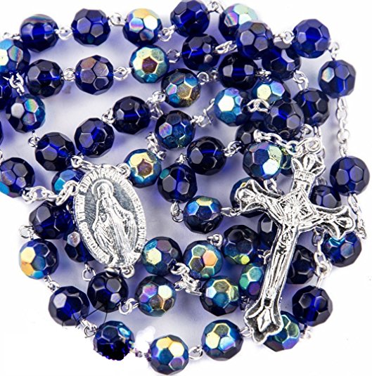 New Catholic Rosary Blue Crystal Beads Necklace Miraculous Medal & Crucifix