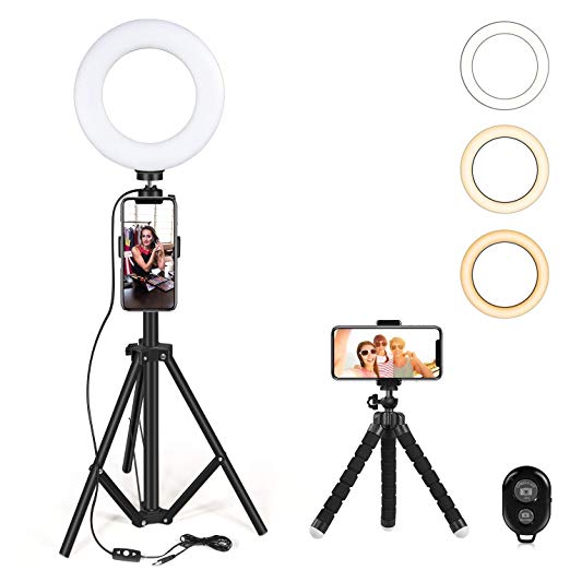 Selfie Ring Light Kit 6.5" with Extendable Light Stand, Flexible Tripod Stand & Cell Phone Holder for YouTube Video Shooting/Live Stream/Makeup/Vlogs/Desktop with 3 Light Modes for iPhone, Android