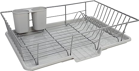 Sweet Home Collection Space-Saving 3-Piece Dish Drainer Rack Set: Efficient Kitchen Organizer for Quick Drying and Storage - Includes Cutlery Holder and Drainboard - Maximize Countertop Space, Silver