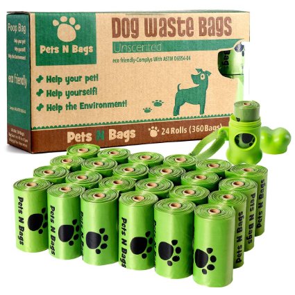 Dog Poop Bags, Pets N Bags Earth Friendly Dog Waste Bags, Refill Rolls (24 Rolls / 360 Count, Unscented) Includes Dispenser