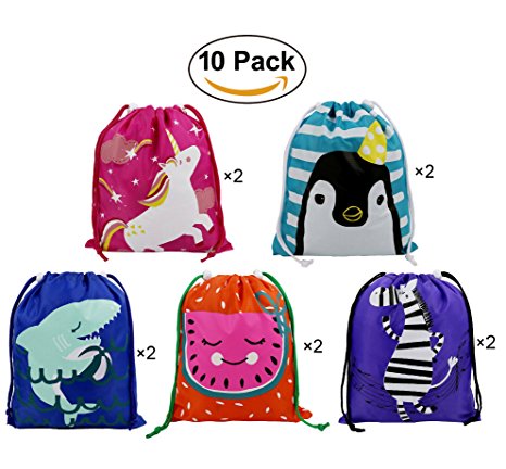 Party Favors Bags 10 Pack 5 Designs, Cartoon Gift Candy Drawstring Bags Pouch, Treat Goodie Bags for Kids Girls and Boys Birthday