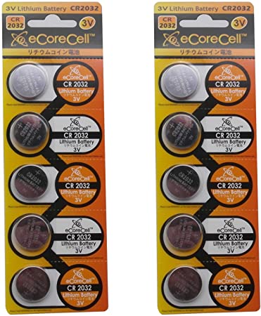 eCoreCell (10pcs) CR2032 5004LC 3V 3 Volt Lithium Single Use Non-Rechargeable Button Coin Cell Battery
