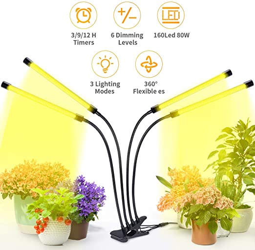 Grow Light for Indoor Plants, Befayoo 80W 160 Grow Lamp Bulbs, Growing Lamp for Plants with 3/9/12H Timer 6 Dimmable Level Full Spectrum, Adjustable Gooseneck (80W / 160 LED Lamp)