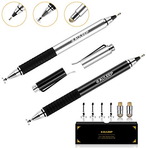 AULEEP 3 in 1 Capacitive Stylus Pens for Touch Screen, 2 Pack with 4 Replaceable Disc Tips and 2 Replacement Fiber Tips, Compatible for Phones, Tablets, iPads, Kindles (Black & Silver)