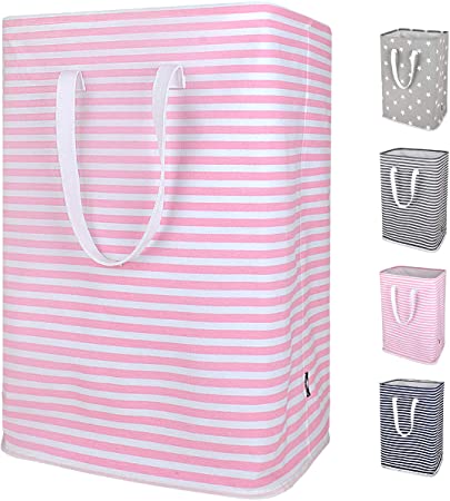 DOKEHOM 24-Inches Thickened X-Large Laundry Basket with Drawstring, Waterproof Square Cube Cotton Linen Collapsible Storage Basket (Pink Strips, XL)