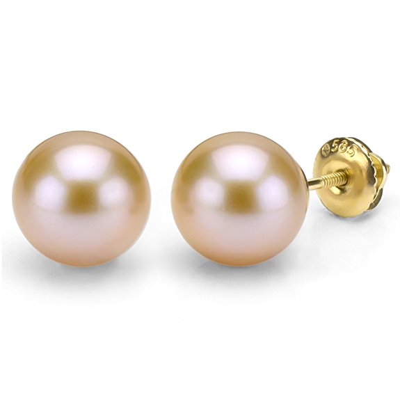 14k Yellow Gold Round Pink Freshwater Cultured High Luster AAA Pearl Screw-back Stud Earrings