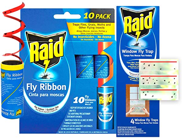 Raid Fly Ribbon & Window Fly Trap Bundle (32-Pack), Outdoor & Indoor Fly Traps, 20pcs Fly Tape Ribbon Traps   12pcs Window Fly Catcher, Effective Fly Traps for Kitchen & Food Prep Areas