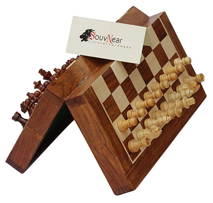 26.7 x 26.7 Centimetre Chess Set - SouvNear Magnetic Chess Set WITH 2 EXTRA QUEENS - Folding Chess Board with Travel Bag - Premium Quality Rosewood Staunton Chess Game with Built In Storage