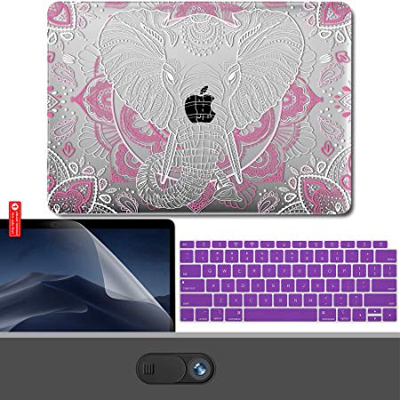 GMYLE MacBook Air 13 Inch Case 2018 Release A1932 with Touch ID Retina Bundle, Plastic Hard Shell, Privacy Webcam Cover Slide, Screen Protector Keyboard Skin Set - Pink and White Paisley Elephant