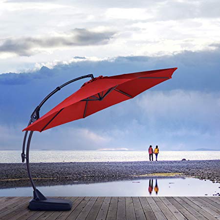 Grand patio Napoli Deluxe 11 FT Curvy Aluminum Offset Umbrella, Patio Cantilever Umbrella with Base, Red