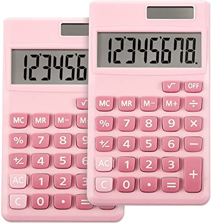 2 Pieces Basic Standard Calculators Electric Digital Desktop Calculator with 8-Digit LCD Display, Battery Solar Power Smart Calculator for Home Office School, 4.7 x 2.7 Inches (Pink)