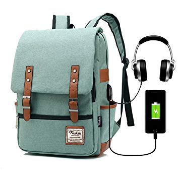 Vintage Laptop Backpack Women Men, School College Backpack USB Charging Port & Headphone Jack, Fashion Backpack Fits 15.6 inch Notebook - Green-Function Update
