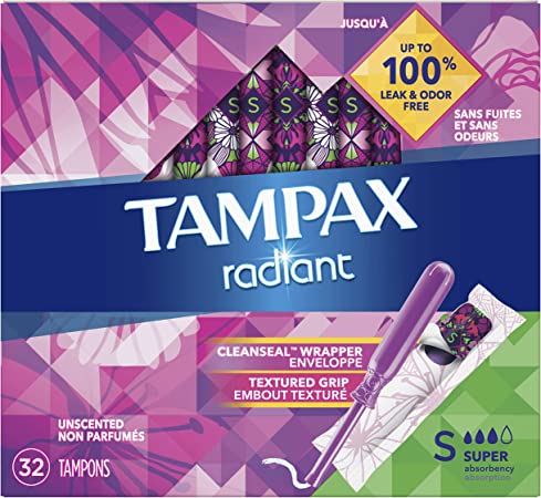 Tampax Radiant Tampons Super Absorbency, Unscented, 32 Count,packaging may vary